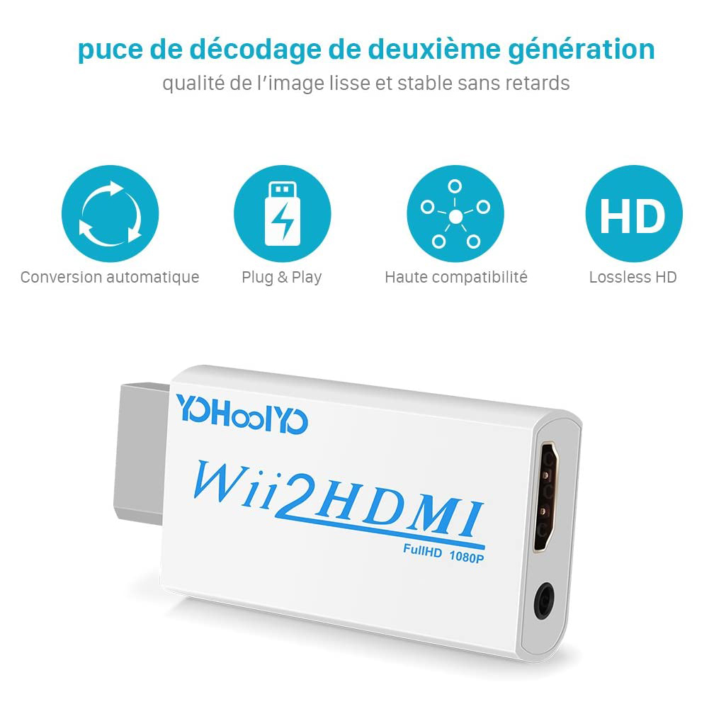 Convertisseur d'adaptateur Wii à HDMI Qualité Full HD 1080p avec câble HDMI